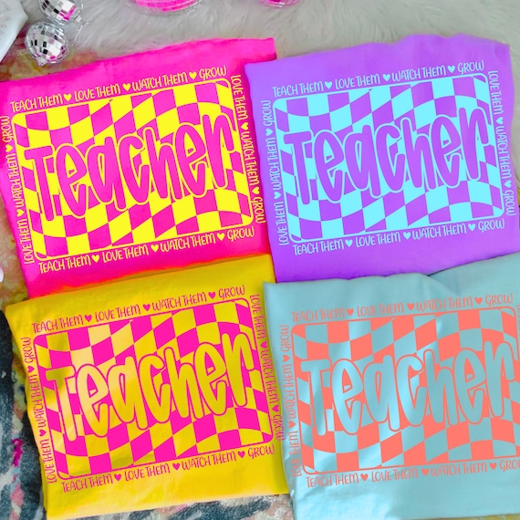 Retro Teacher PNG, Colorful Checkerboard Teacher Sublimation, Back to School Png, Groovy Love Them Teach Them Png