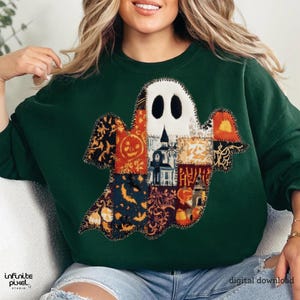 Puede incluir: Sudadera verde oscuro con un dise&ntilde;o de fantasma de patchwork. El fantasma tiene una cara blanca con ojos ovalados negros y un cuerpo de patchwork con patrones de Halloween. Se ven las palabras "digital download".