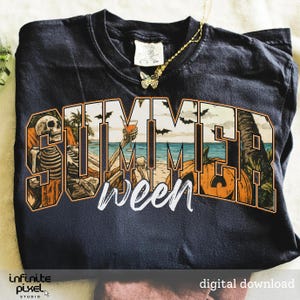 May include: Black t-shirt with a graphic design featuring the words "Summerween" in a stylized font. The design includes a skeleton on a beach, a cocktail, bats, and a pumpkin. A gold butterfly necklace is visible.