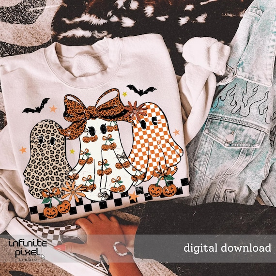 Trendy Leopard Pumpkin Ghost PNG, Halloween Girly Ghost Sublimation, Retro Checkered Ghosts PNG, Cute Spooky Fall Shirt Design