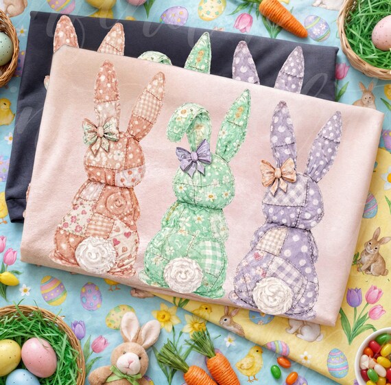 Easter Patchwork Bunnies PNG, Watercolor Quilt Bunny Trio, Pastel Fabric Bunny Illustration, Cute Easter Shirt PNG Design