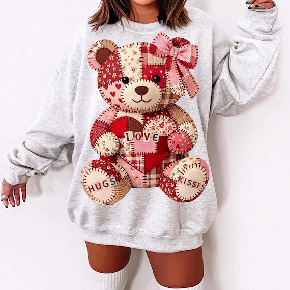 Patchwork Teddy Bear PNG, Valentine Hugs and Kisses PNG, Quilted Love Heart Bear Sublimation, Cute Cozy Valentine Shirt Design PNG