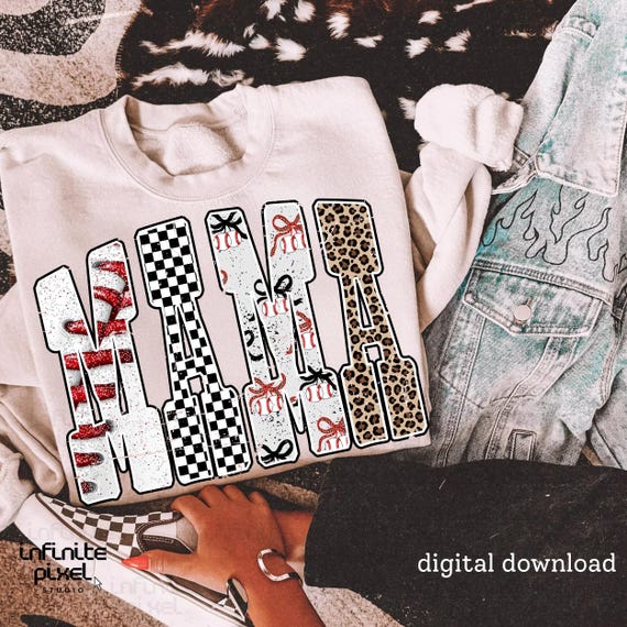 Baseball Mama PNG, Red Leopard Checker Bow Letters Sublimation, Game Day Sports Mom Shirt Design, Trendy Athletic PNG