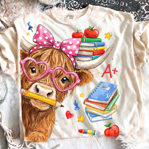 Highland Cow Teacher PNG, Back to School Cow Sublimation, Cute Teacher Cow Art PNG, A Plus School Animal Design, Trendy Classroom PNG