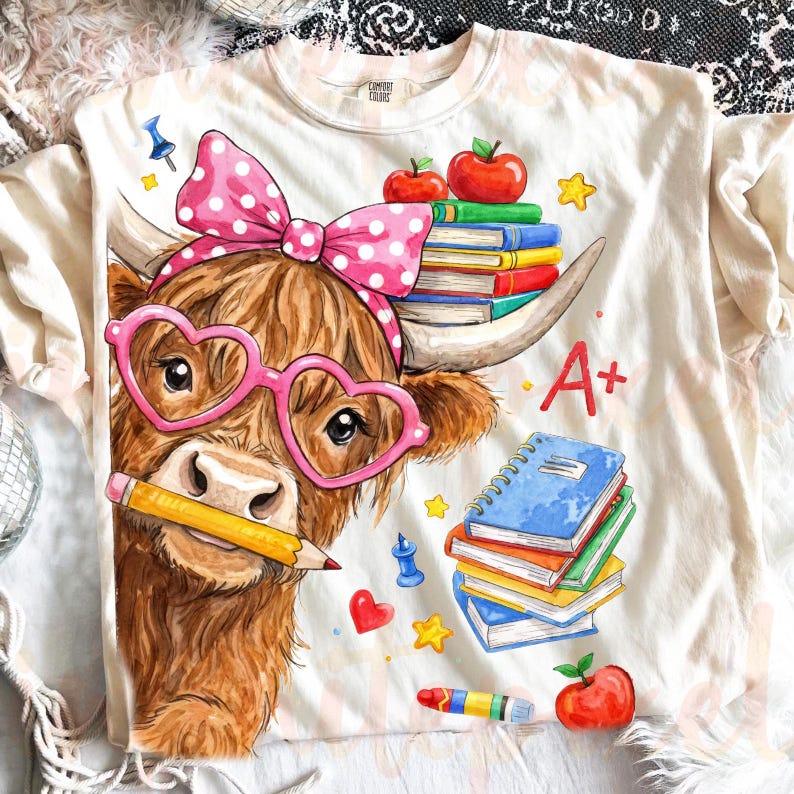 Pu&ograve; includere: T-shirt color crema con un cartone animato di una mucca delle Highlands con occhiali rosa a forma di cuore e un fiocco a pois. La mucca tiene una matita, circondata da libri, mele e la scritta "A+".