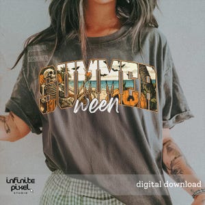 May include: Gray t-shirt with a graphic design that says "Summerween". The design features a skeleton, beach scene, bats, and a pumpkin. The shirt is a digital download.