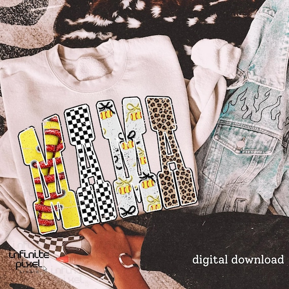 Softball Mama PNG, Yellow Leopard Checker Bow Letters Sublimation, Game Day Sports Mom Shirt Design, Trendy Athletic PNG