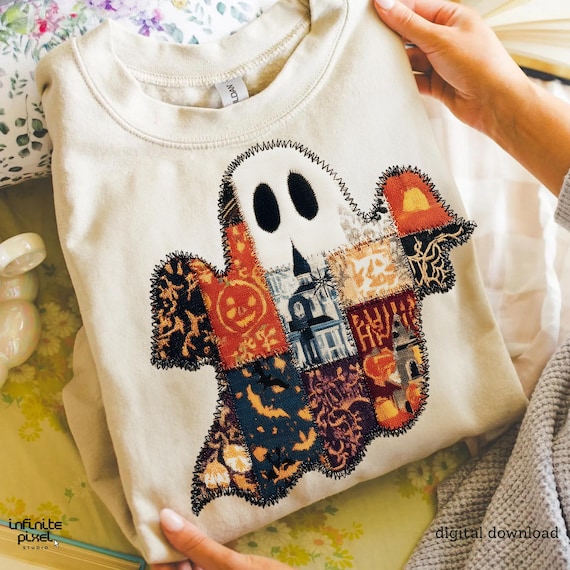 Patchwork Ghost PNG, Halloween Vintage Quilt Ghost Sublimation, Cozy Spooky Fall Shirt Design, Retro Halloween Ghost PNG