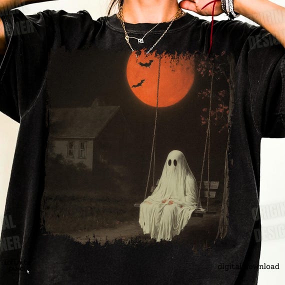 Halloween Png, Haunted Ghost Swing Shirt Design, Red Moon Spooky Night Sublimation, Creepy Fall Scene Png, Gothic Aesthetic Art