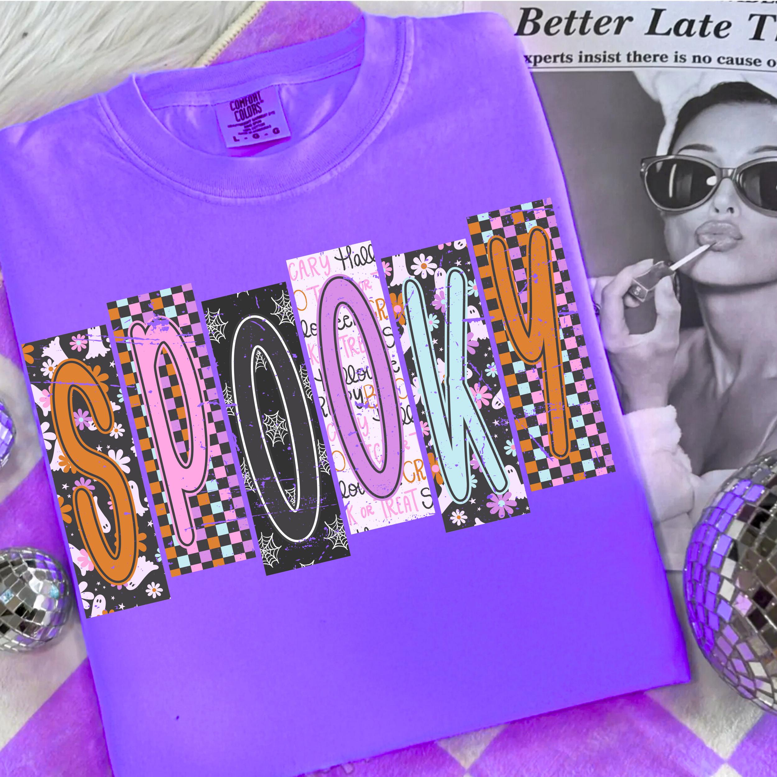 Spooky PNG, Halloween Sublimation Design, Colorful Patchwork Spooky Letters PNG, Retro Halloween Shirt PNG, Cute Pastel Spooky Clipart
