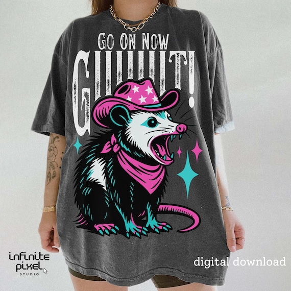 Cowboy Opossum PNG, Funny Southern Saying Shirt Design, Go On Now Git Sublimation, Retro Yeehaw Possum Clipart