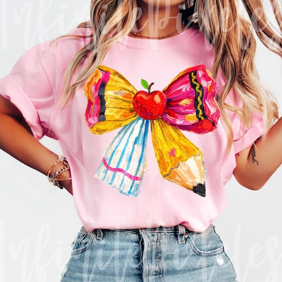 Teacher Bow PNG, Apple Pencil Bow Sublimation, Back to School Faux Paint Bow PNG, Colorful Teacher Art Design, Trendy School PNG