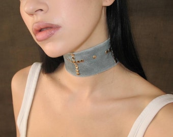Leather Choker Necklace for Women Gray 11" x 2" inch w/Cross Luxury Fashion Soft & Punk Leather Choker w/Velvet Lace Handmade Leather Choker