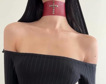Leather Choker Necklace for Women 11" x 2" inch Red Elegant Leather Choker for Trendy Looks - Unique & Adjustable Handmade Leather Choker