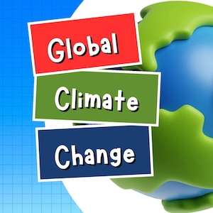 May include: A 3D illustration of a globe with green landmasses and blue oceans, partially obscured by three stacked rectangular signs. The red sign reads Global, the green sign reads Climate, and the dark blue sign reads Change in white text.