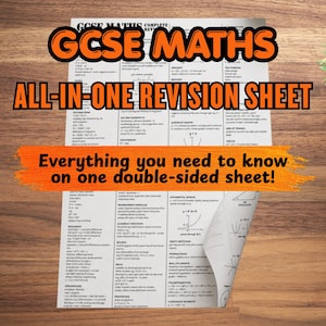 Può includere: Un foglio di revisione di matematica GCSE fronte-retro con il testo "GCSE Maths Complete Revision" e "All-in-one Revision Sheet". Il foglio include formule e diagrammi matematici. È visibile anche il testo "Everything you need to know on one double-sided sheet!"