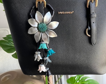 Leather Flower Keychain | Silver Handmade Bag Charm | Minimalist Accessory