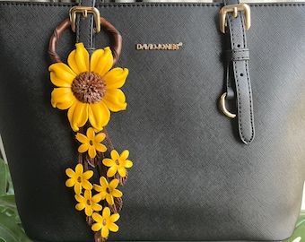 Sunflower Leather Keychain | Yellow Handmade Floral Bag Charm | Minimalist Accessory