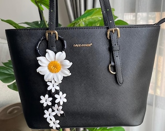 Leather Daisy Bag Charm: Handmade White Flower Purse Accessory