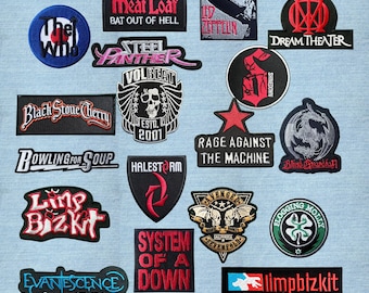 May include: A collection of embroidered music band patches featuring various logos and text including The Who, Meat Loaf, Led Zeppelin, Dream Theater, Steel Panther, Volbeat, Black Stone Cherry, Rage Against the Machine, Blind Guardian, Bowling for Soup, Halestorm, Limp Bizkit, Avenged Sevenfold, Flogging Molly, Evanescence, and System of a Down.