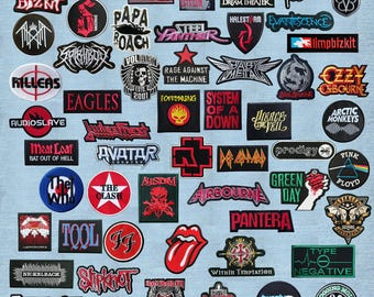 May include: A collection of embroidered fabric patches featuring various band logos and music-related graphics in diverse shapes, colors, and fonts, including names like Linkin Park, Iron Maiden, The Rolling Stones, and Pink Floyd on a light blue background.