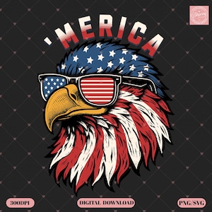 Cool Patriotic Eagle with Sunglasses PNG SVG – ‘Merica 4th of July Bald Eagle Design, Retro USA Flag Bandana Sublimation
