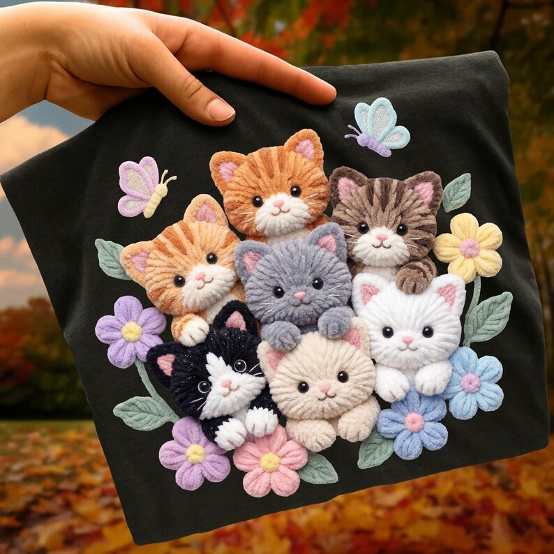 Pu&ograve; includere: Tessuto nero con un design colorato e strutturato di sette gattini in vari colori, circondati da fiori e farfalle ricamate. I gattini hanno dettagli e sono disposti in una composizione giocosa.