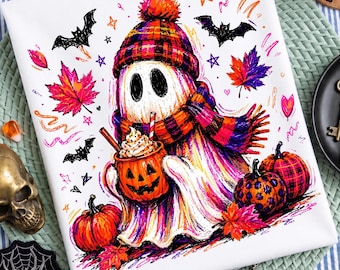 Cozy Halloween Ghost PNG, Cute Fall Ghost with Pumpkin Cup PNG, Plaid Ghost Sublimation Design, Autumn Spooky Season Digital Download