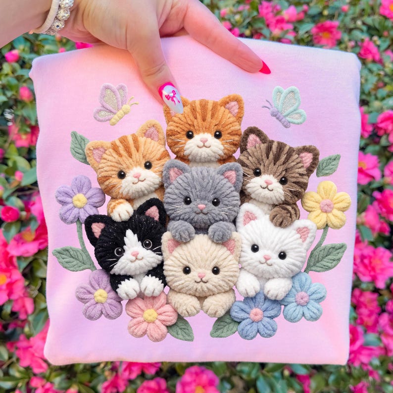 Pu&ograve; includere: Una felpa rosa chiaro con un ricamo raffigurante sette adorabili gattini di vari colori, circondati da fiori e farfalle. I gattini includono tabby arancioni, grigi, bianchi e neri e gatti color crema. Il design &egrave; dettagliato e stravagante.