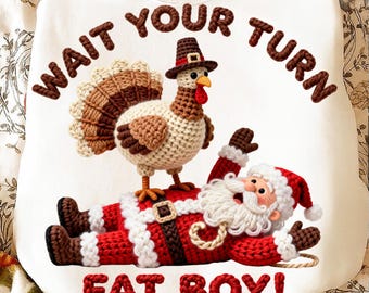 Espera tu turno, Papá Noel, pavo, Navidad PNG / PNG de imitación de hilo para Navidad y Acción de Gracias / Diseño de pavo otoñal
