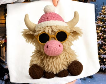 Retro Crochet Cow PNG | Highland Cow Christmas Design | Pink Bubble PNG | Western Girly Xmas Sublimation File
