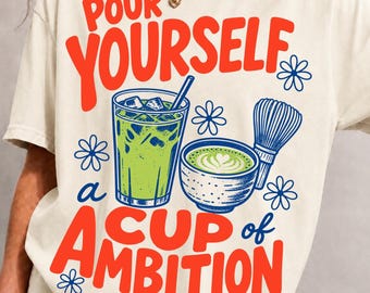 Versez-vous une tasse d'ambition (PNG/SVG) | Illustration rétro matcha | T-shirt musique country « 9 to 5 » | Cafetière italienne | Amateur de matcha latte glacé
