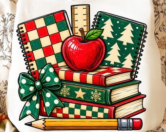 Libros escolares a cuadros PNG / Diseño de libros escolares navideños / Gráfico escolar retro de vacaciones / Camiseta navideña para profesores y alumnos