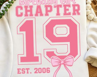 19e verjaardag meisje PNG SVG, roze strik hoofdstuk 19 ontwerp, schattig coquette verjaardagsshirt afbeelding, meisjes 19e verjaardagsfeestje T-shirt