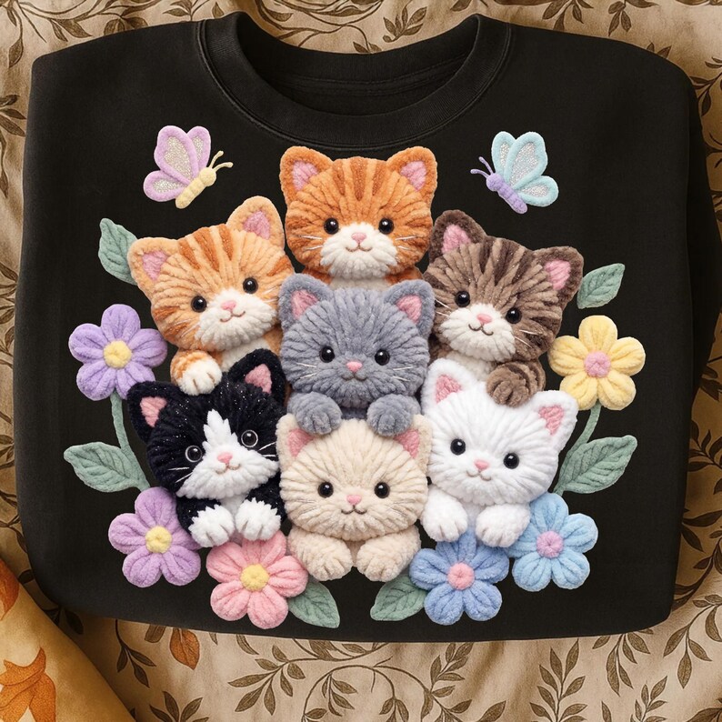 Pu&ograve; includere: Felpa nera con un design colorato di sette gattini di peluche, fiori e farfalle. I gattini sono in vari colori, tra cui arancione, grigio e bianco. I fiori sono viola, rosa e gialli. Sono incluse anche due farfalle.