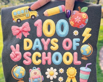 Faux fil 100 jours d'école PNG | Crayon Coquette Bow Design | Graphique 100 jours d'école pour filles | Professeur mignon 100 jours sublimation PNG