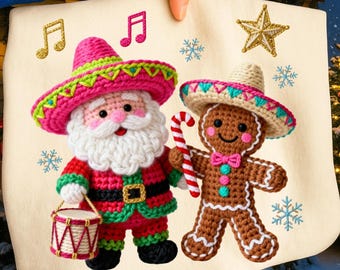 Ganchillo de hilo con gancho de cierre Feliz Navidad PNG / Pan de jengibre mexicano con sombrero Navidad PNG / Diseño de sublimación navideña con pinceladas
