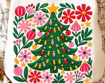 Árbol de Navidad floral PNG / Diseño de árbol de Navidad colorido / Gráfico navideño de flores rosas / Sublimación navideña festiva