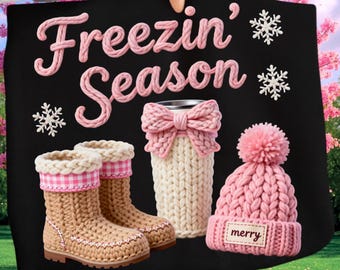 PNG de temporada helada / PNG de Navidad rosa con imitación de hilo / Sublimación invernal estilo preppy / Navidad acogedora para clima frío con gorro, botas y vaso