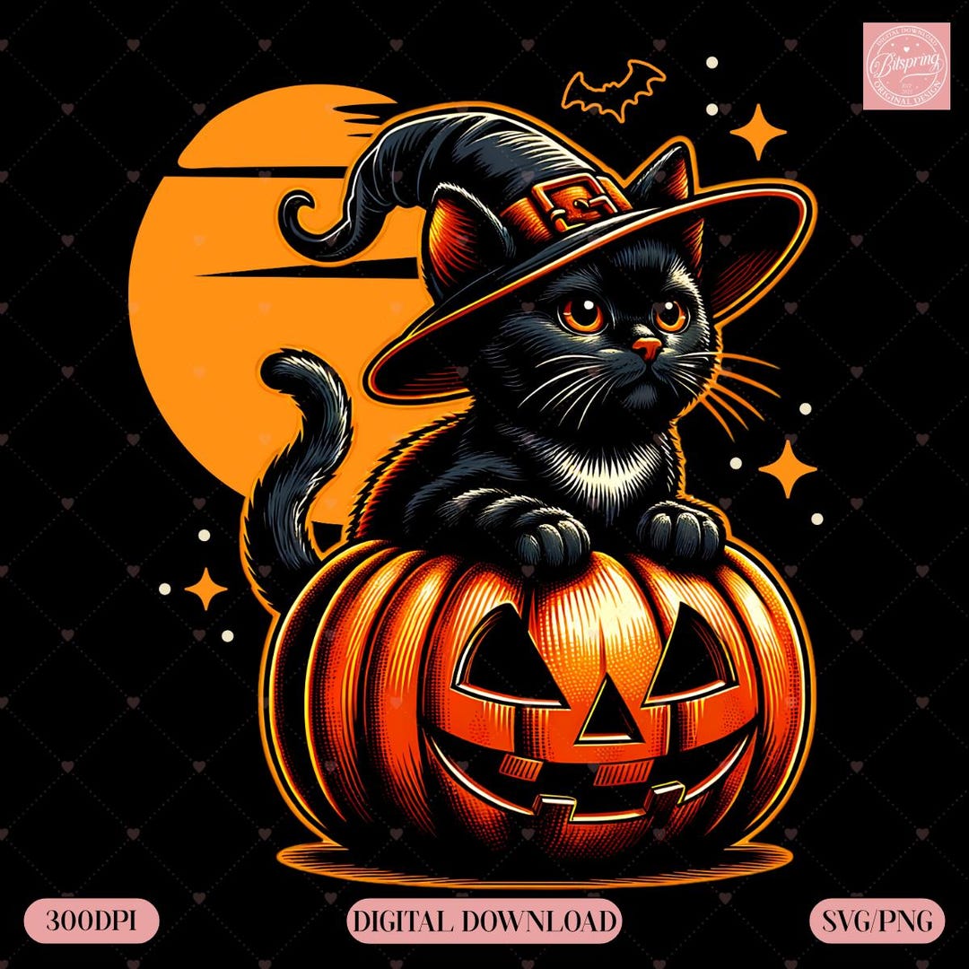 Black Cat Pumpkin PNG SVG – Retro Halloween Cat Design, Gothic Ghost ...