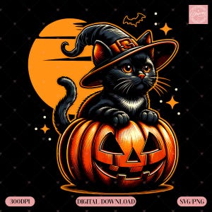 Black Cat Pumpkin PNG SVG – Retro Halloween Cat Design, Gothic Ghost Cat Sublimation, Fall Spooky Mama Shirt, Autumn Halloween Aesthetic