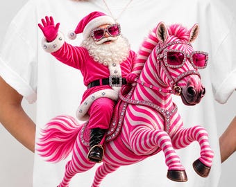 Santa Pink Zebra PNG | Santa Claus Riding Zebra | Merry Christmas PNG | Pink Zebra Christmas Design | Santa Holiday Graphic