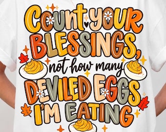 Œufs mimosa de Thanksgiving (PNG), Design automnal humoristique « Comptez vos bénédictions », Motif à carreaux Thanksgiving (PNG), T-shirt tendance pour Thanksgiving