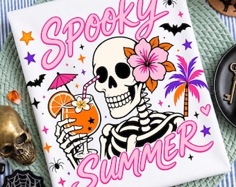 Summerween Skeleton PNG SVG, Spooky Summer Skeleton Design, Glitch Halloween Skeleton Tee, Cute Horror Summer Graphic
