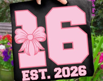 Coquette Bow 16e verjaardag PNG SVG, Sweet Sixteen Party PNG, 16e verjaardag cadeau meisje, est. Digitale download, zestien verjaardagssublimatie