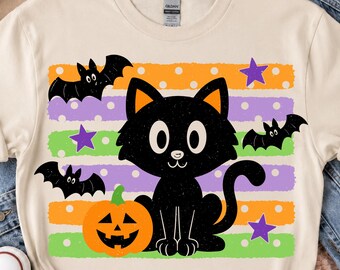 Spooky Black Cat PNG, Halloween Bats Stripes PNG, Distressed Fall Shirt Design, Trendy Spooky Season Mom Sweatshirt Graphic