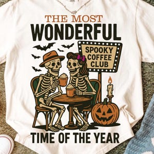 Spooky Coffee Club PNG SVG – Skeletons Drinking Coffee Design, Retro Halloween Sublimation, Funny Fall Vibes, Vintage Pumpkin Autumn Shirt