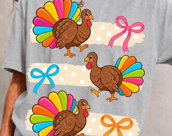 Dinde preppy PNG, Dinde arc-en-ciel de Thanksgiving, Motif nœud Coquette automne, Sublimation pour Thanksgiving girly