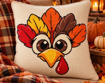 Modèle de broderie au point de croix « Dinde de Thanksgiving » (PDF, diagramme compté, broderie d'automne à télécharger)
