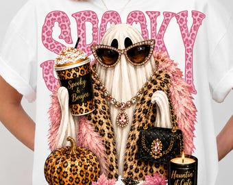 Glam Ghost PNG, Preppy Ghost PNG, Bling Halloween Design, Boujee Leopard Print Ghost Graphic, Spooky Sublimation Digital Download